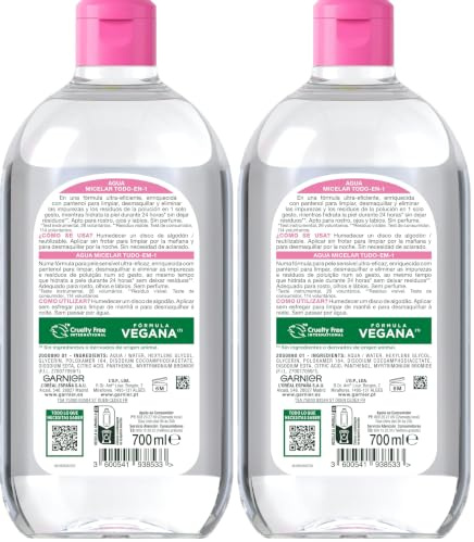 Garnier Skin Active, Agua Micelar Clásica Todo en Uno, Desmaquillante, Limpiador Facial, Limpia Rostro, Labios y Ojos, Sin Aclarado, para Todo Tipo de Pieles, Formato Maxi, 700 ml (Paquete de 2)