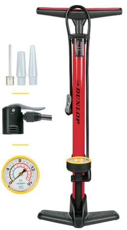 Dunlop Bomba Bicicleta con Manómetro - Inflador Ruedas Coche y Bicileta - Hinchador Bicicleta para válvulas Dunlop, Schrader y Francesas - Bomba de Aire con Adaptadores Juguetes Acuáticos y Balones