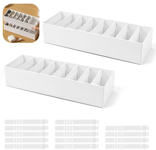 KNGNGK Organizador de Cables sin Tapa, 2 Piezas Caja Organizadora Cables Blanca con 14 Sujetacables y 7 Compartimentos Ajustables, 26x9x5.7cm, para Guardar Cables y Cargadores,Pequeña