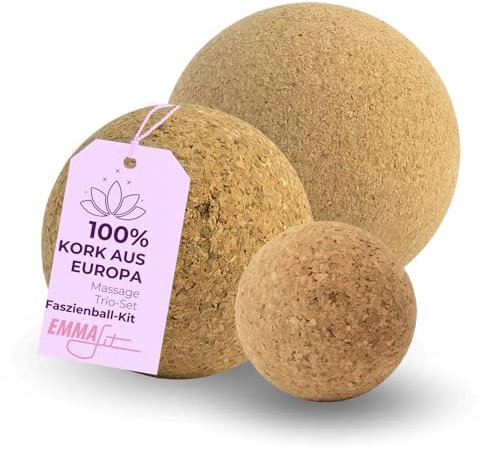 EMMAfit Kork Faszienball-Set I 35mm + 50mm + 60mm I Set aus 3 x Faszienkugel zur Selbstmassage I Selbstmassage-Ball für Triggerpunkt-Massage & Faszientraining I mittelharter Kork Faszien-Massageball