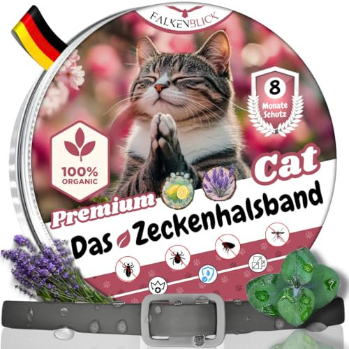Falkenblick® Das Zeckenhalsband für Katzen 100% Pflanzliches Premium Öl Wirkungsvoller Schutz gegen Zecken Flöhe Mücken Läuse Ungeziefer Lavendel Zitroneneukalyptus - 8 Monate Wirkungsdauer