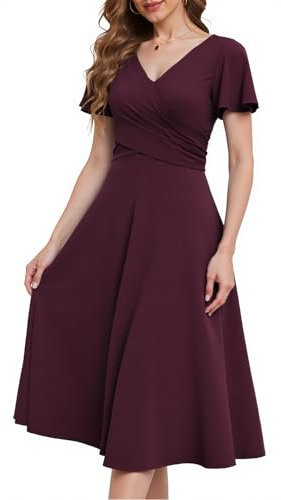 Fynadressr Cocktail Dresses for Women Semi Formal V-Neck Christmas Party Dress Short Sleeve Ruched Wrap A Line Midi Dress with Belt Burgundy L