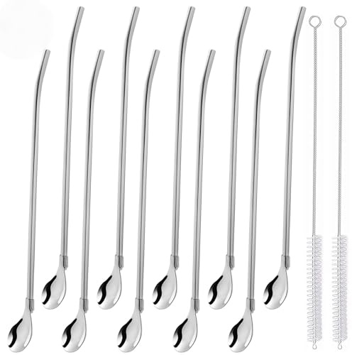 10 Stück Edelstahl Trinkhalm Trinkhalmlöffel lang Löffelstrohhalme Wiederverwendbare Löffelhalme Metalllöffel mit 2 Stück Strohhalm Reinigungsbürste für Smoothies, Milchshakes, Cocktail, Kaffee