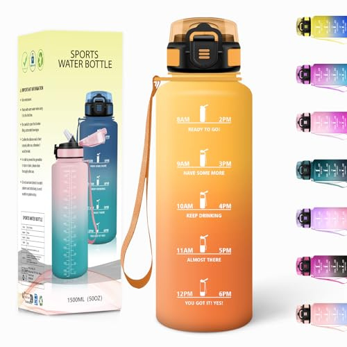 Gourde, 1500ML Avec de la Paille, Gourdes Sport, Sans BPA, Gourde Paille, Bouteille d'eau de Motivation avec Marqueur de Temps, Bouteille Paille Adulte pour Salle de Sport, Camping - Jaune&Orange
