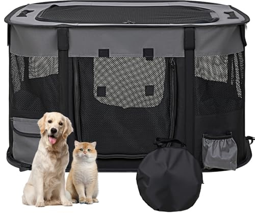 The Fellie Pet Playpen, Foldable puppy Pen for Indoors,Portable Medium Pet Play Pen with Waterproof Oxford, Travel Cat Tent Exercise Kennel for Rabbit Run, Grey, 81 * 65 * 56CM