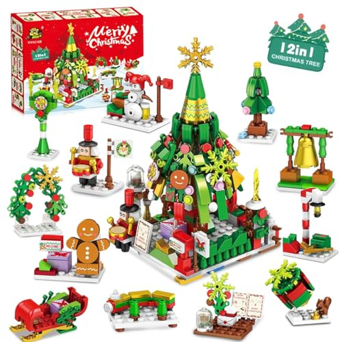 Calendario dell'Avvento Blocchi, Blocchi con Albero di Natale, 12 in 1 blocchi Costruzione natale Giocattolo, Calendario Avvento Giocattolo, Regali di Natale per Ragazzi Ragazze