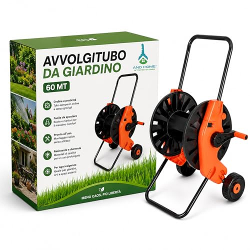 Avvolgitubo da Giardino 60 mt + Ruote e Manico Ergonomico - Avvolgi tubo Acqua Giardino SENZA TUBO, Montaggio Facile Senza Attrezzi - Struttura Resistente in PP Acciaio ABS per Irrigazione Esterno