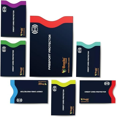 Boxiki Travel Protection Carte Bancaire RFID 7 Pieces Protège Carte Bancaire Anti Piratage 6 Etuis Carte de Credit et 1 Protège Passeport, Codage Couleur, Fins et Resistants a l'eau pour Voyage