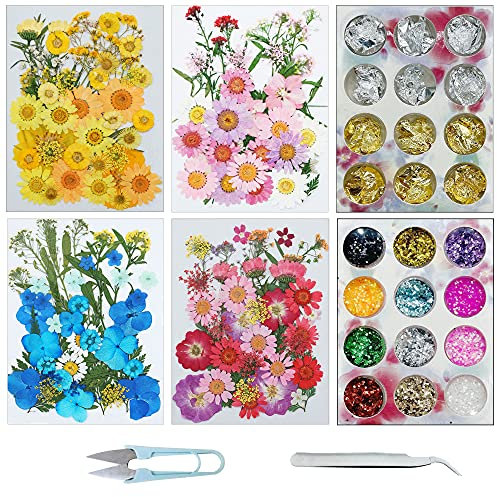 Cayway Naturales Flores Prensadas Secas, Escamas de Pan de Oro, Lentejuelas, Hojas Prensadas Secas Naturales, Flores Secas Reales para Resina para Resina Scrapbooking, Resina Epoxi