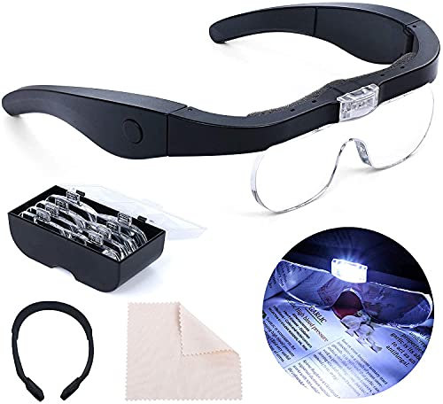 Lupenbrille mit Licht,1.5X bis 5X abnehmbare Linsen-Kopfband,Stirnbandlupe Wiederaufladbare Lupe mit LED-Licht Freisprechlupe zum Lesen austauschbarer Vergrößerungslinsen für Enge Arbeiten, Schmuck