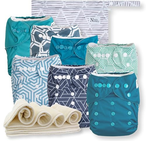 Nora's Nursery Paquete de 7 pañales de tela con 7 insertos y 1 bolsa húmeda, funda impermeable, lavables, reutilizables y pañales de bolsillo ajustables de talla única para recién nacidos y niños