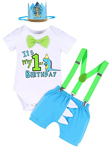 FYMNSI Baby Boy Dinosaur Themed First Birthday Cake Smash Outfit Toddler Kids One Years Old Party Bow Tie Cotton Short Sleeve Romper Shorts Pants Y-back Suspenders Mini Crown Hat 4pcs Set Blue 12-18M
