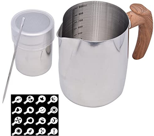 SIPLIV Kit de herramientas de arte de café jarra de espuma de acero inoxidable jarra de vapor con marcas de medición, pluma de decoración, coctelera de cacao en polvo, plantillas de café, 30 onzas