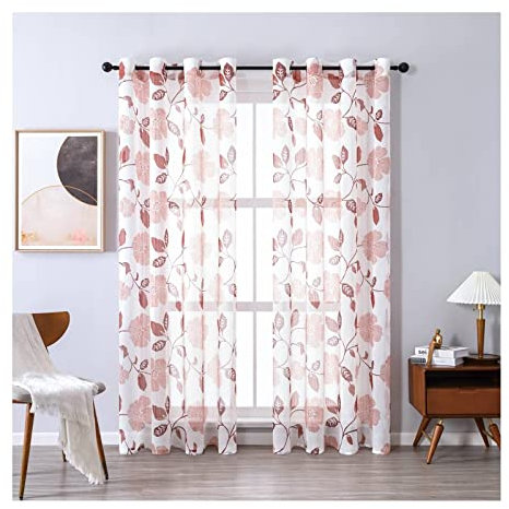 Mesnt Voile Vorhang 160, 160 x 137 cm (Höhe x Breite) Blume-Blatt-Zweig-Muster Halbtransparenter Voile-Vorhang, Rot