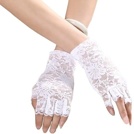 Spitzenhandschuhe Damen,Kurz Hochzeit Brauthandschuh Kurze Sommer UV Sonnenschutz Handschuhe Brautkleider Handschuhe für Hochzeit Party Damen Hochzeit Abendessen 1980 Partykostüm -Weiße