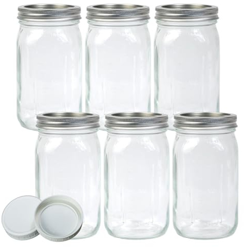 Jumterlee 6 Pack 32 oz Mason Jars, Wide Mouth Mason Jars with Lids and Bands and 6 White Plastic Mason Jar Lids, Canning Jars for Overnight Oats, Food Storage, Dry Food, Snacks, Candies and More