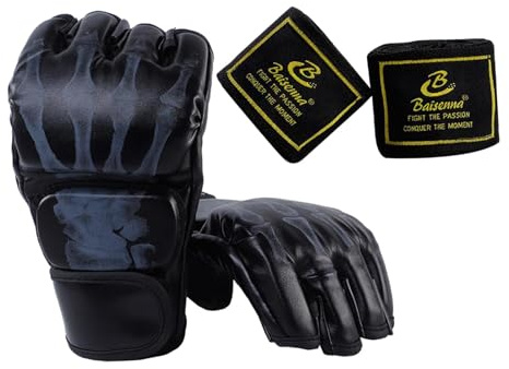 rockible Guanti da Boxe Mezze Dita, Guanti da Sparring, Guanti per Adulti, Palmi Aperti, Fasce per Le Mani, Guanti da Combattimento di Boxe, Guanti MMA per, Scheletro Nero