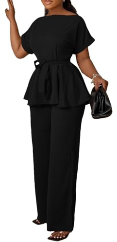 Women's 2 Piece Outfits Suit Set Short Sleeve Peplum Top Flared Pants Sets Business Pantsuits Black L