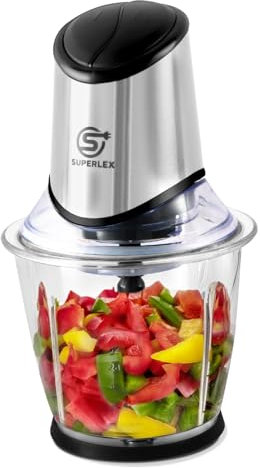 SUPERLEX 2-in-1 Zerkleinerer Küche Elektrisch 2-Geschwindigkeiten mit Glasbehälter und Deckel, 1,5L Gemüsezerkleinerer, Mixer, Multi- und Universalzerkleinerer für Gemüse, Obst und Fleisch