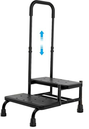 Escalera con Pasamanos Taburete con Pasamanos Ajustable y Plataforma Antideslizante Taburete Resistente de 2 escalones para Adultos, Ancianos, para mesita de Noche, Cocina, Coche, bañera,hasta 160KG