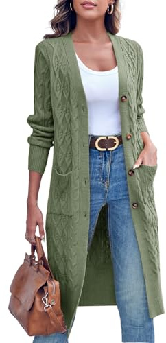 Imily Bela Cárdigan largo de punto para mujer, con estampado de trenza, con bolsillos, Verde militar, M