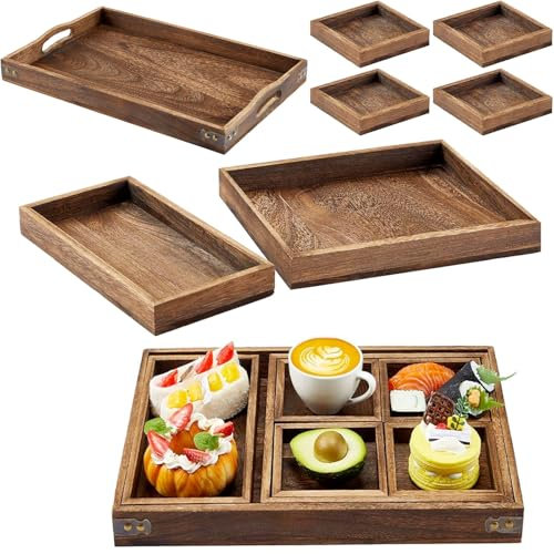 7 Teiliges Tablett Serviertablett Set aus Holz,Holztablett Rechteckig mit Griffen,Ideal als Dekotablett,Snackteller und Servierplatte,Tablett Groß für Vielseitige Nutzung
