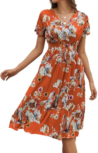 Vestidos Verano Mujer Maxi Elegant Manga Corta A Línea Floral Túnica Cintura Alta Vestidos Playa Casual Moda