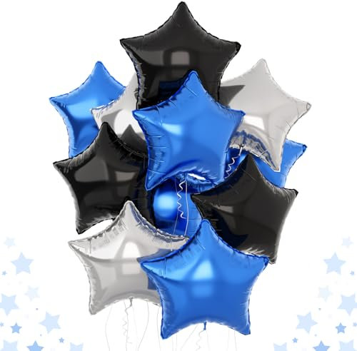 Blue Black Star Balloons, 18Inch Blue Silver and Black Stars Shape Foil Balloon, 12Pcs Navy Blue Pentagram Foil Helium Party Decoration for Birthday Graduation Space Theme Eid Party Supplies
