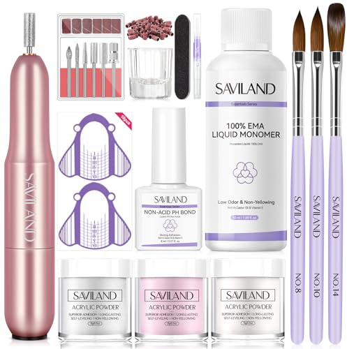 Saviland Kid Complet Acrylique Ongle: Poudre Acrylique, Monomère, Ponceuse a Ongle Professionnel, Stylo Huile Cuticule et Limes Professionnelles pour Debutant
