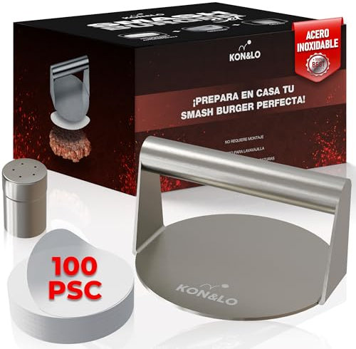 KON&LO Smash Burger Kit | Presse-hamburger | Set comprenant une épice et 100 papiers antiadhésifs | Moule en acier inoxydable pour faire des hamburgers professionnels.