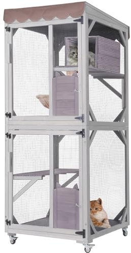 Seiyierr Catio - Cage pour chat de 166 cm de hauteur - Grande maison pour chat sur roues - Toit imperméable - Style griffoir et hamac - Cage d'extérieur pour chat - Couche en PVC (gris)