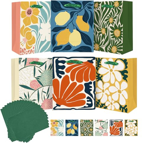 Gcardist Medium Clash Flowers Paper Gift Bags with Tissue Paper 6PCS Cardboard Gift Bags for Women Mom Grandma Party Supply （6pcs Bags + Tissue Paper ）