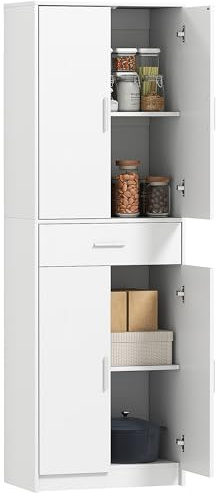 HOMCOM Armoire de Cuisine Buffet Cuisine Style Moderne vaisselier avec placards à Portes, étagères réglables et tiroir, Meuble de Rangement pour Salle à Manger, Salon, 60 x 35 x 180 cm, Blanc