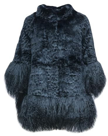 Annsirgra Women's Genuine Rabbit Fur Coat Real Mongolia Sheep Fur Sleeve and Hem Ladies Loose Outwear