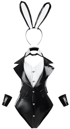 FCCAM Wetlook Bunny Costume da donna in vernice lucida Body con orecchie da coniglio anime senpai Bunny Suit per Halloween e Carnevale XL