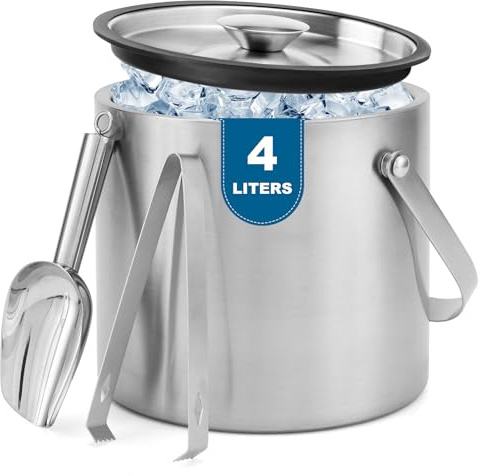 Yeatruojeet Ice Granule Bucket Double Wall Ice Bucket with Lid,Scoop,Tongs- Inner Layer 304 Stainless Steel Ice Container Keep Ice Frozen Longer- Ideal for Cocktail Bar,Parties (4L)