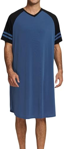 Enjyam Camisón Hombre Dormir Camisetas de Pijama Larga Escote en V Suave Transpirable Camisa de Noche de Manga Corta Camison Hospital Ropa de Dormir para Descansar