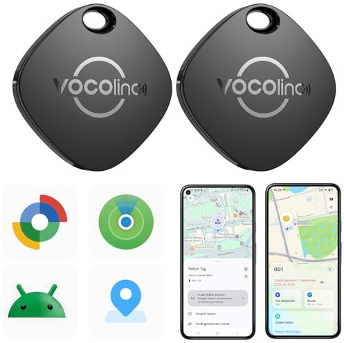 VOCOlinc Smart Tag Finder Pack de 2, Localizador Bluetooth SmartTag Tracker Soporte Android Google Localizador o iOS Apple Buscar App, Rastreador para Llaves Equipaje Cartera Bicicleta Mochila Bolso