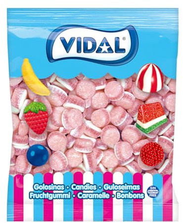 Vidal Golosinas. Sweet Cakes. Tartitas gelatinosas con cobertura de azúcar y delicioso sabor nata‑fresa. Doble textura suave y divertida. Sin gluten ni grasa. Bolsa 250 u