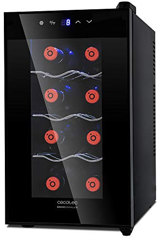 Cecotec Vinoteca Grand Sommelier 800 CoolCrystal. 8 Botellas, Capacidad de 25L, Puerta FullCrystal, Acabado de Espejo, Estantes en Acero Inoxidable, Panel táctil y Pantalla LED