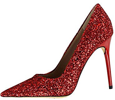 GUOCU Women's Pointed Toe High Heel Ladies Glitter Stilettos Slip On Court Prom Party Shoes Pumps Red UK 8