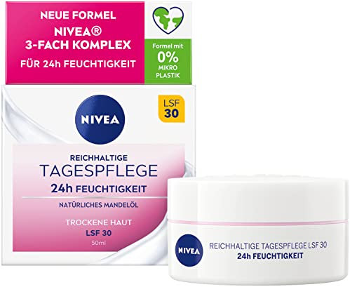 NIVEA Reichhaltige Tagespflege 24h Feuchtigkeit (50 ml), Gesichtscreme für trockene Haut mit LSF 30, feuchtigkeitsspendende Tagescreme mit natürlichem Mandelöl