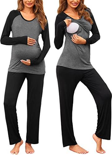 Ekouaer Stillpyjama Damen Still Schlafanzug Umstandsschlafanzug Langarm Wochenbett Hausanzug Schwangerschaft Winter Schwarz/Grau 2 L