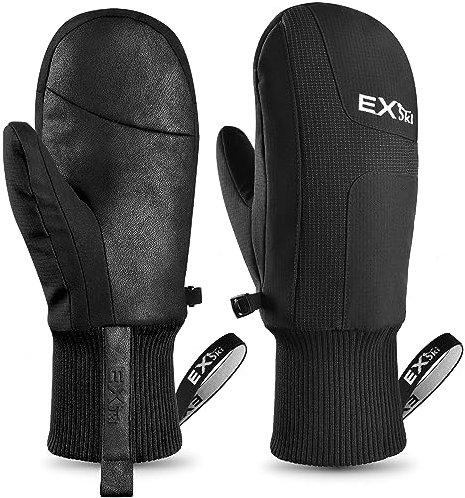 EXski Ski Fausthandschuhe Herren Damen Snowboard Skihandschuhe Wasserdichte Touchscreen Winter warme Fäustlinge mit Handgelenk Leash Schwarz