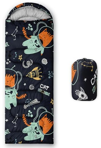 HOSIMA Sac de couchage pour enfants, garçons et filles, motif chat, astronaute, fusée, léger, chaud, portable, extérieur, intérieur, imperméable, résistant au froid pour camping, randonnée (chat