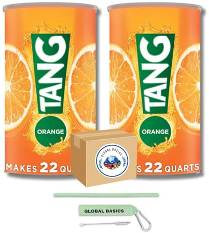 Global Basics Tang Orange Flavored Powdered Drink Mix | Pack of 2 | 72 oz Per Canister - 144 oz TOTAL | Includes A Global Basics Reusable Straw Set!