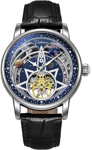 DAXIAOYU Mekanisk klocka för män, lysande stjärnhimmel stor urtavla mode automatisk armbandsur läderrem lyxig skelett Tourbillon klocka