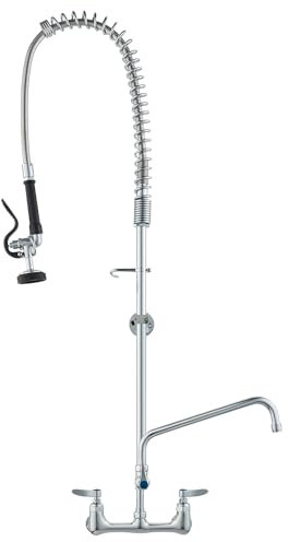 VEVOR Commercial Faucet with Pre-Rinse Sprayer, 47 Height, 8 Center, 12 Swing Spout, Wall Mount Kitchen Sink Faucet, Brass Constructed Device with Pull Down Spray, for 1/2/3 Compartment Sink