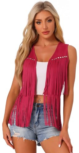 Allegra K Gilet con Frange da Donna Aperto sul Davanti Abiti Anni '70 Cardigan con Nappe in Finta Pelle Scamosciata Rosso L