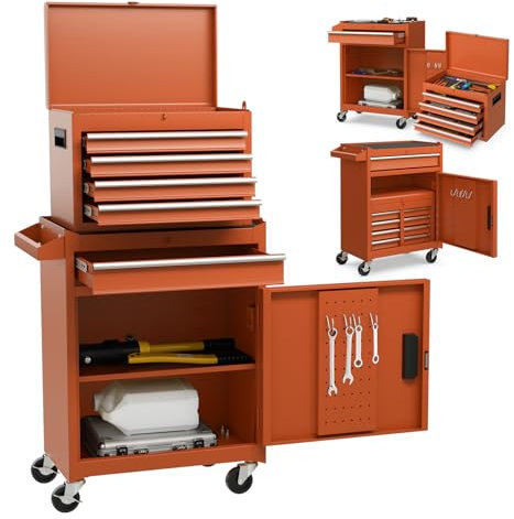 COSTWAY Large Rolling Tool Cabinet, 2-in-1 Detachable Metal Tool Chest with Drawers, Wheels, Handle & Hooks, Lockable Tool Box Trolley for Garage Workshop (5 Drawer with Adjustable Shelf, Orange)